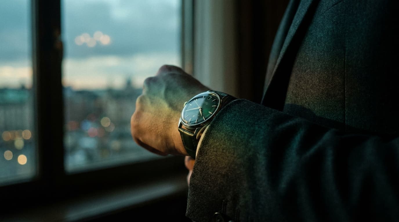 Luxusuhr am Handgelenk in der Dämmerung